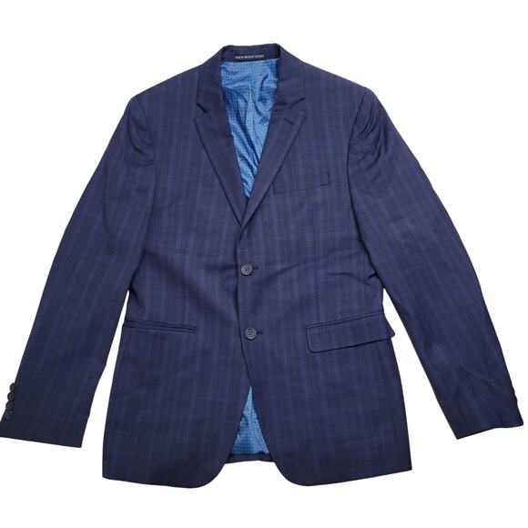 Original Penguin Navy Blue Plaid Window Pane Suit Blazer 2 Button Wool Blend 38R - Picture 1 of 7